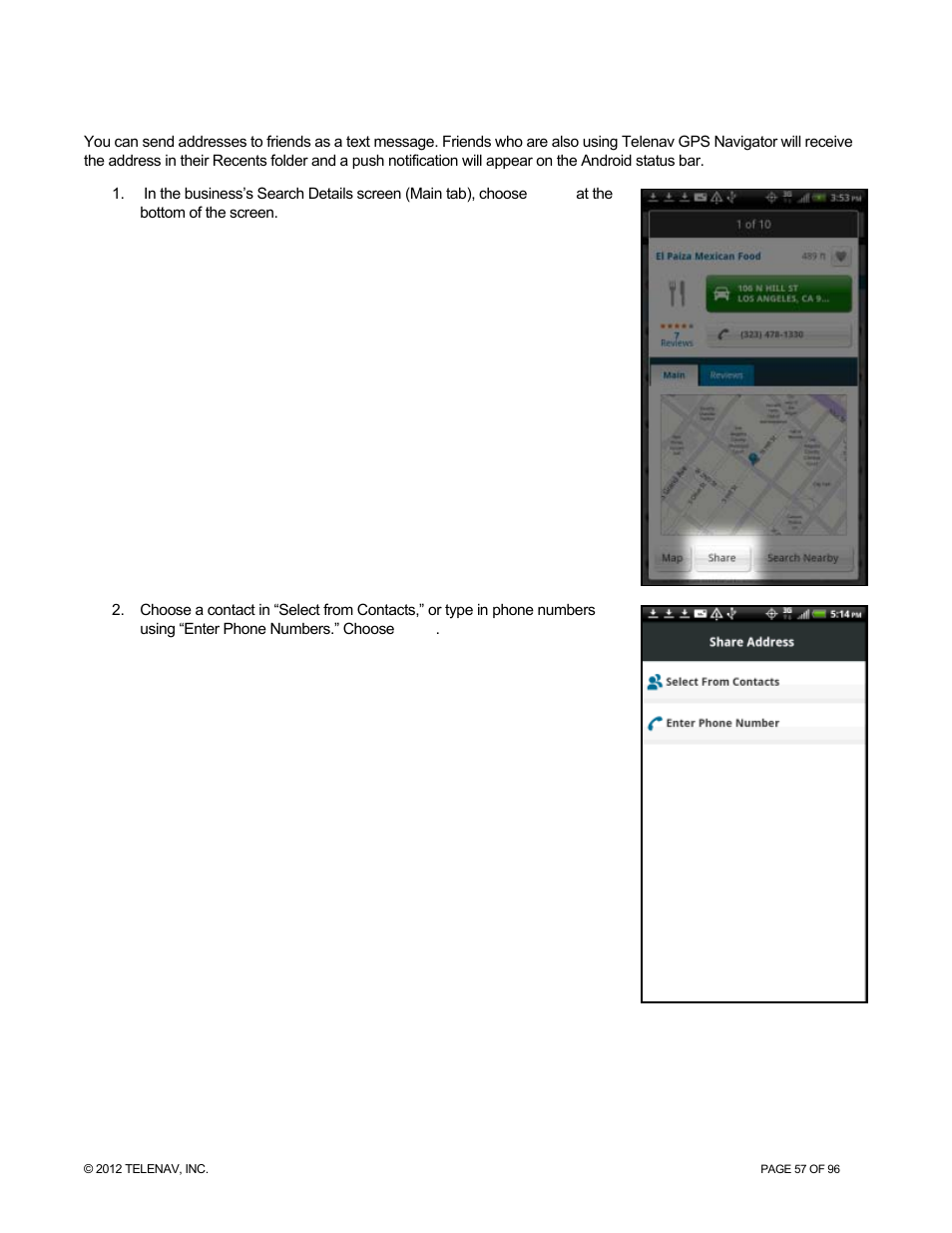 Share address | Telenav for Sprint Supported Devices: v7.1 for Android devices User Manual | Page 57 / 96
