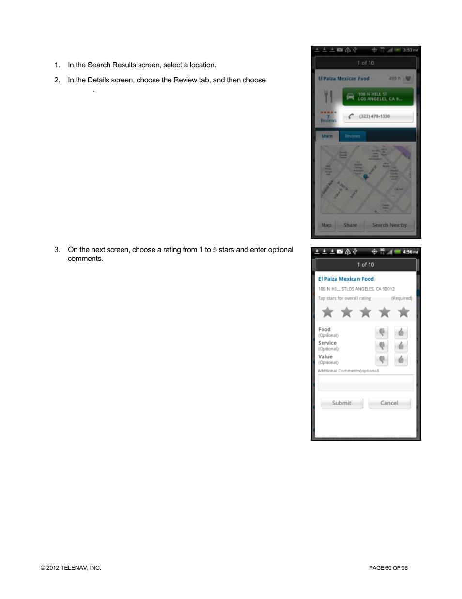 Submit your own rating and review | Telenav for Sprint Supported Devices: v7.1 for Android devices User Manual | Page 60 / 96