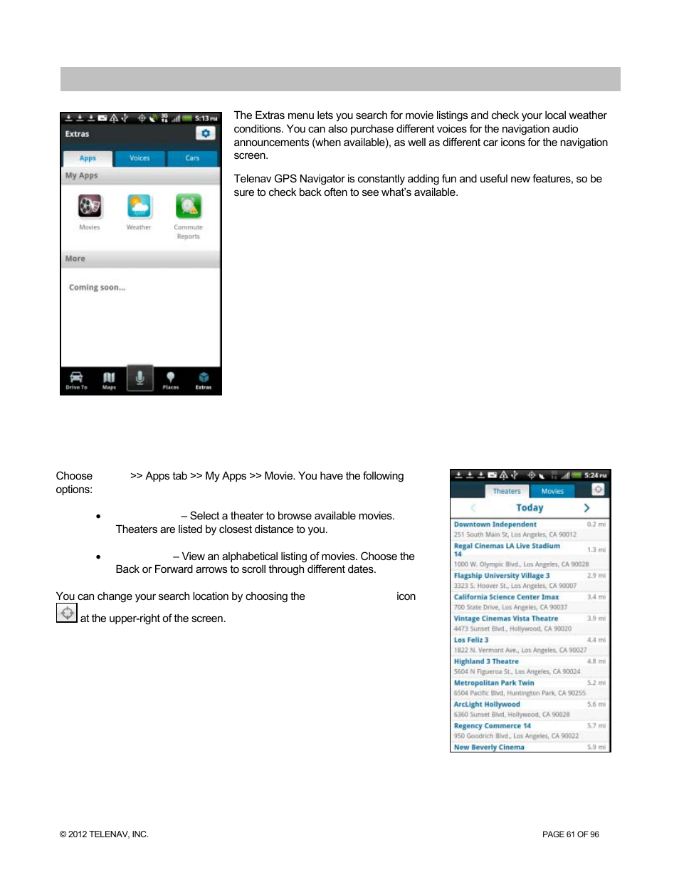 Extras, My apps, Movies | Telenav for Sprint Supported Devices: v7.1 for Android devices User Manual | Page 61 / 96