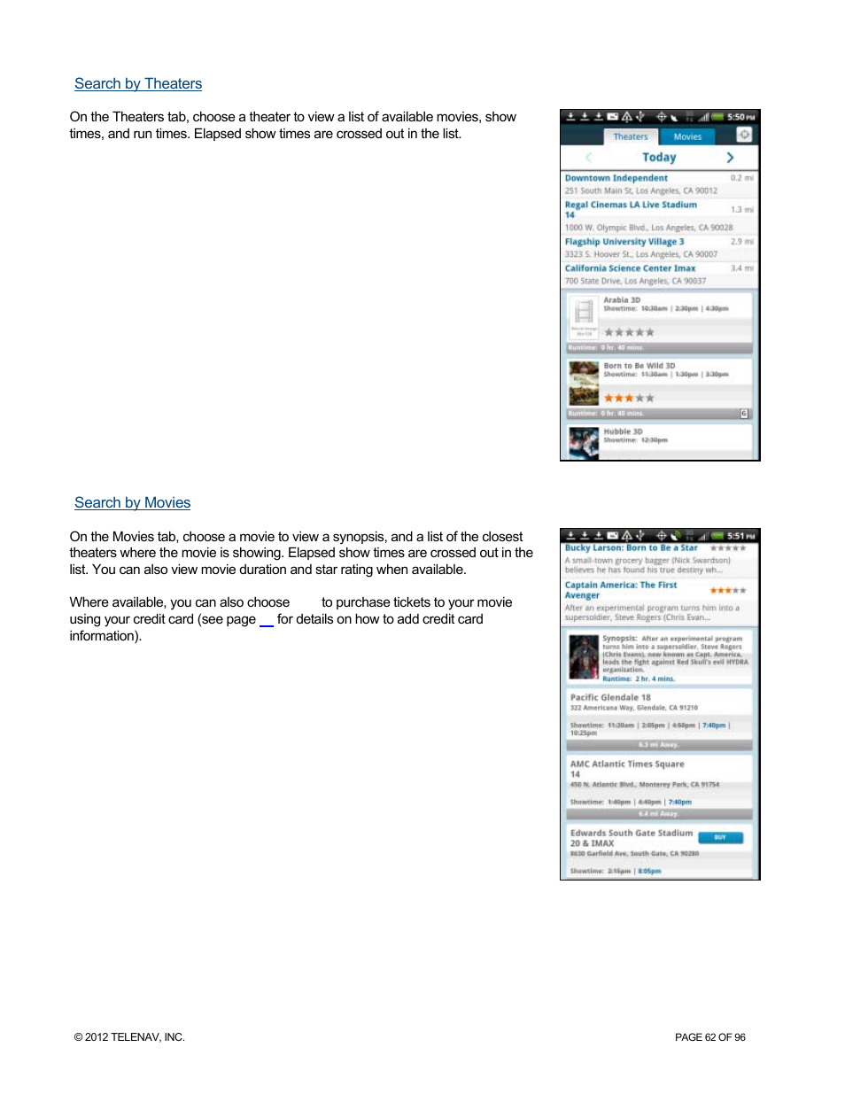 Search by theaters, Search by movies | Telenav for Sprint Supported Devices: v7.1 for Android devices User Manual | Page 62 / 96