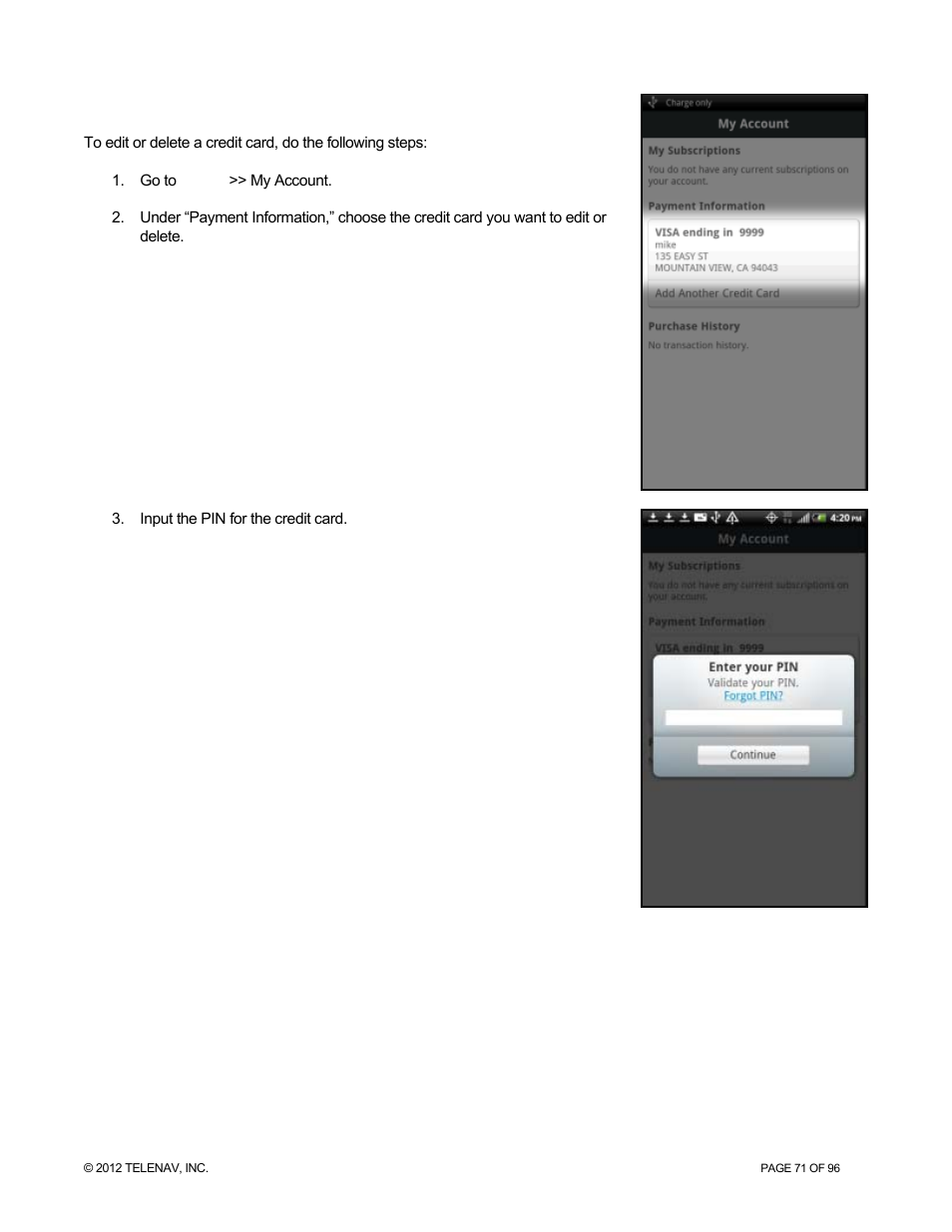Edit or delete a credit card | Telenav for Sprint Supported Devices: v7.1 for Android devices User Manual | Page 71 / 96
