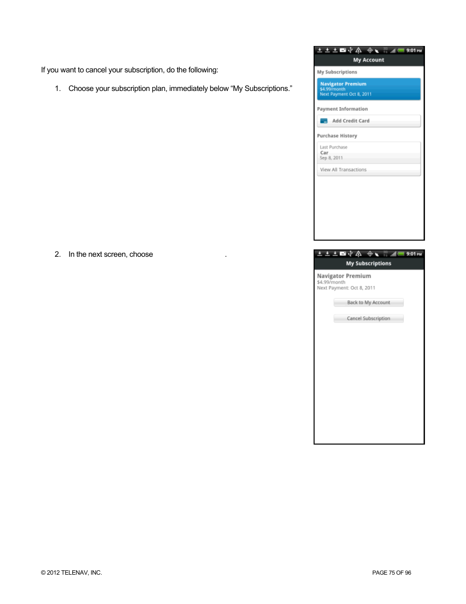 Canceling your subscription | Telenav for Sprint Supported Devices: v7.1 for Android devices User Manual | Page 75 / 96