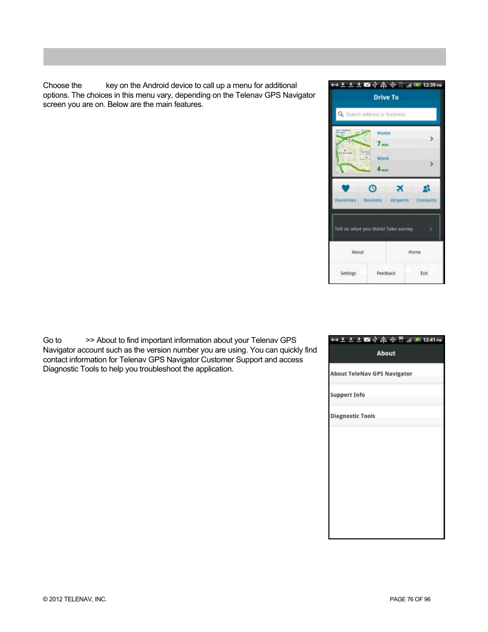 Menu features, About | Telenav for Sprint Supported Devices: v7.1 for Android devices User Manual | Page 76 / 96