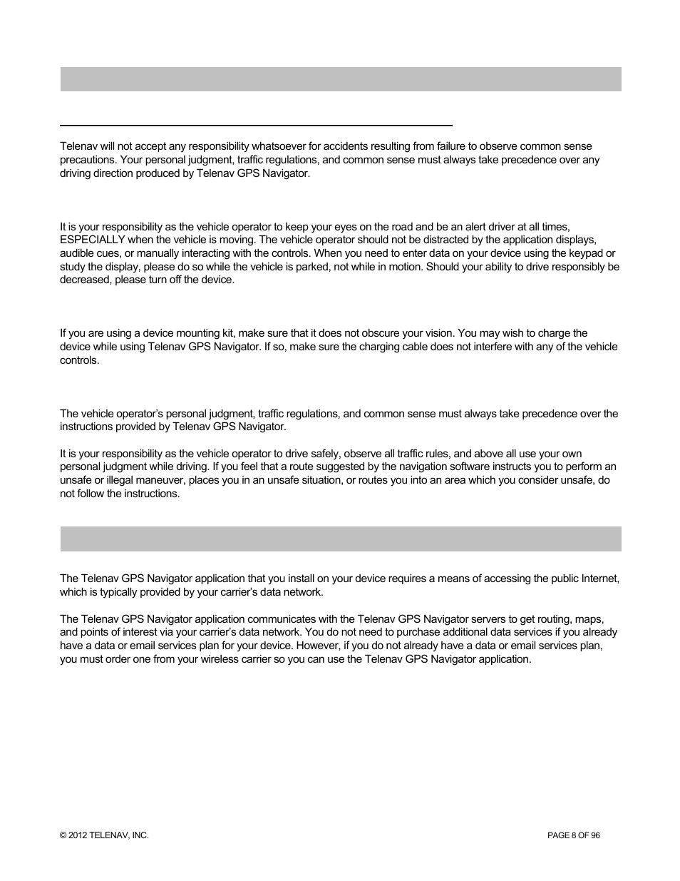 Safety and legal notices, Data service options | Telenav for Sprint Supported Devices: v7.1 for Android devices User Manual | Page 8 / 96