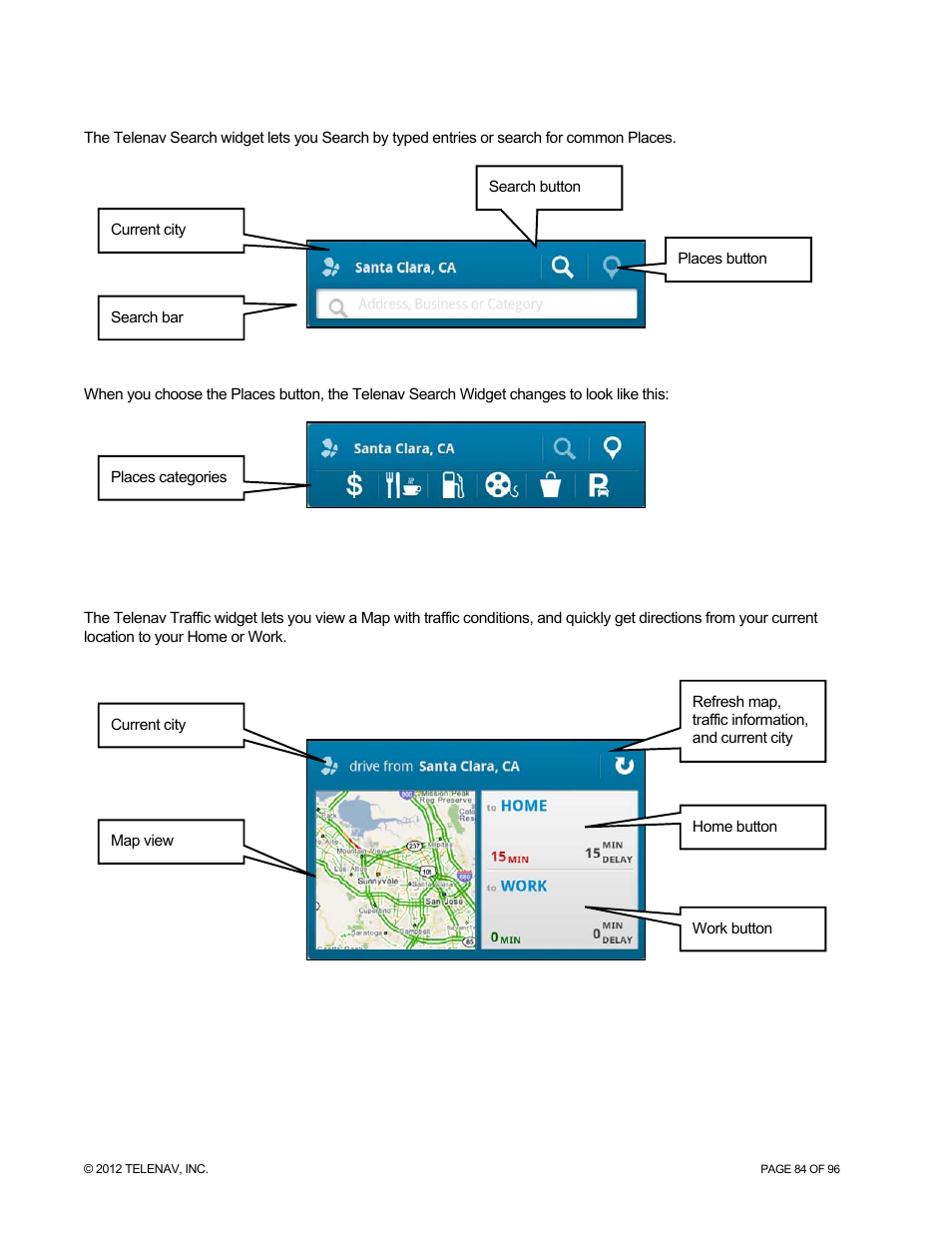 Telenav search widget, Telenav traffic widget | Telenav for Sprint Supported Devices: v7.1 for Android devices User Manual | Page 84 / 96