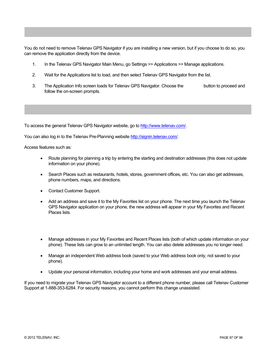 Removing telenav gps navigator, The telenav gps navigator website | Telenav for Sprint Supported Devices: v7.1 for Android devices User Manual | Page 87 / 96