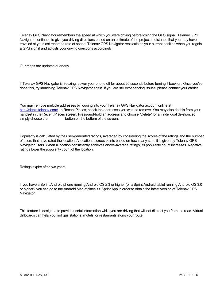 Telenav for Sprint Supported Devices: v7.1 for Android devices User Manual | Page 91 / 96