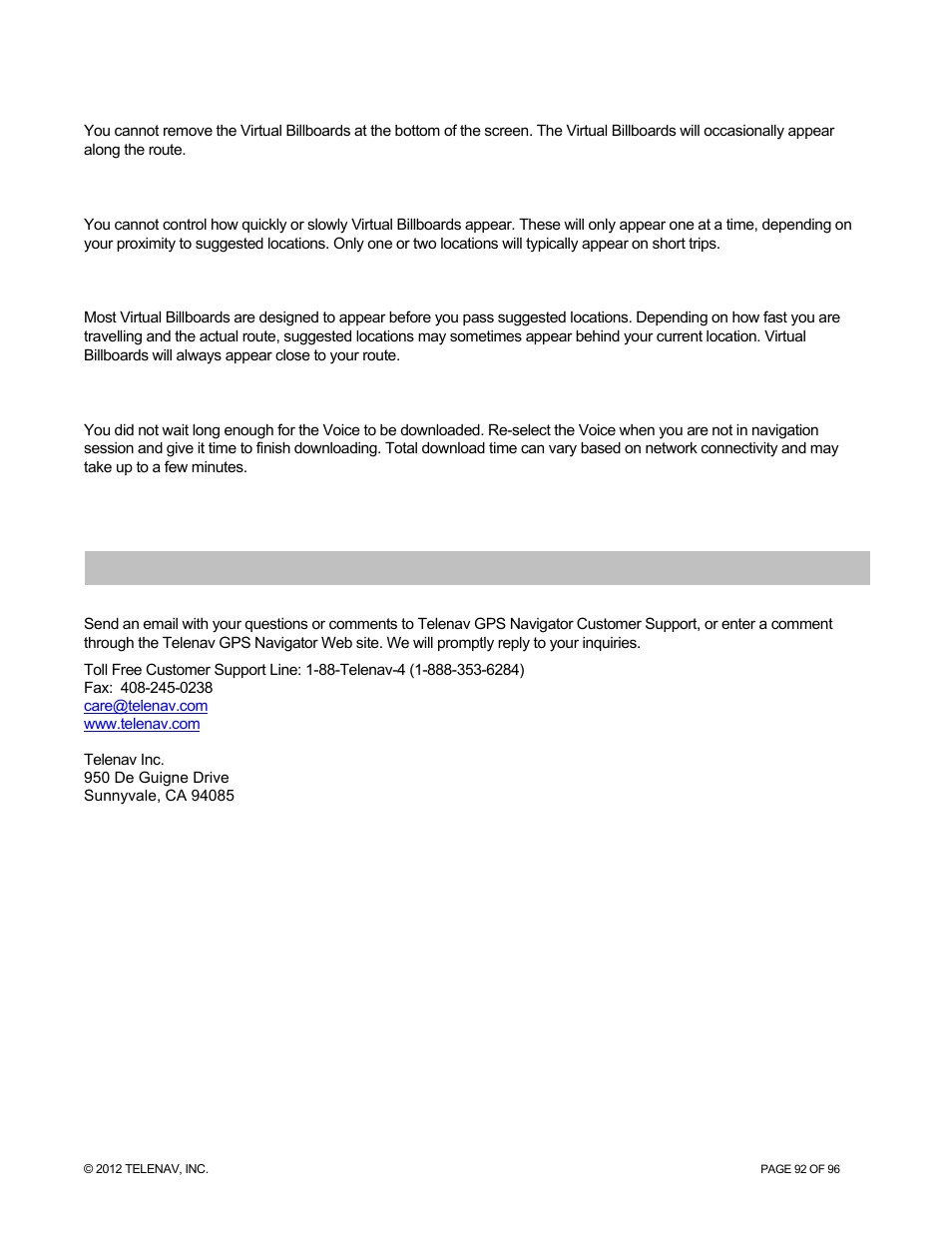 Customer support | Telenav for Sprint Supported Devices: v7.1 for Android devices User Manual | Page 92 / 96