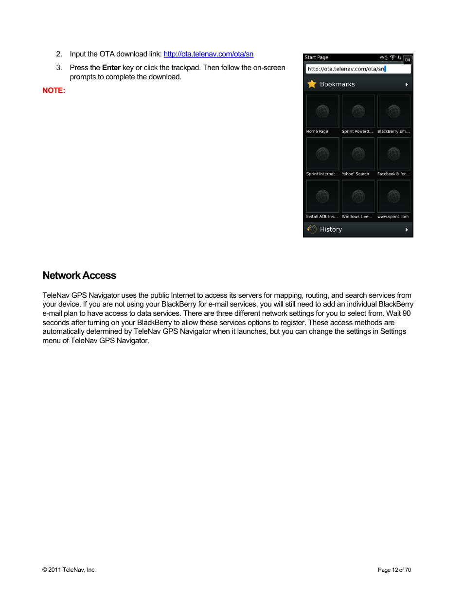 Network access | Telenav for Sprint Supported Devices: v6.2 for BlackBerry devices User Manual | Page 12 / 70