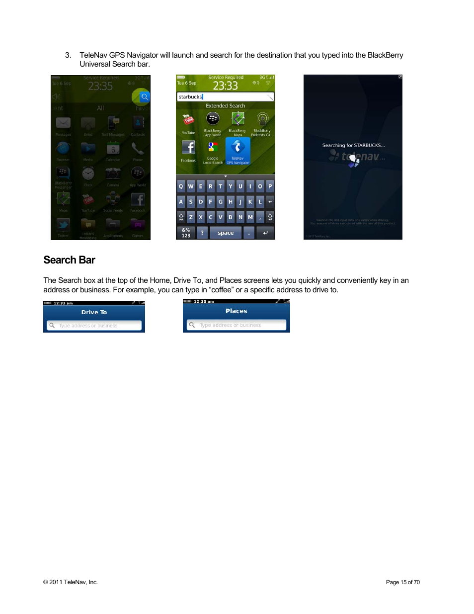 Search bar | Telenav for Sprint Supported Devices: v6.2 for BlackBerry devices User Manual | Page 15 / 70
