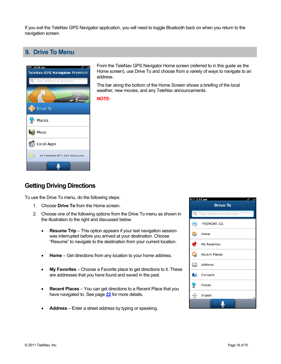 Drive to menu, Getting driving directions | Telenav for Sprint Supported Devices: v6.2 for BlackBerry devices User Manual | Page 18 / 70