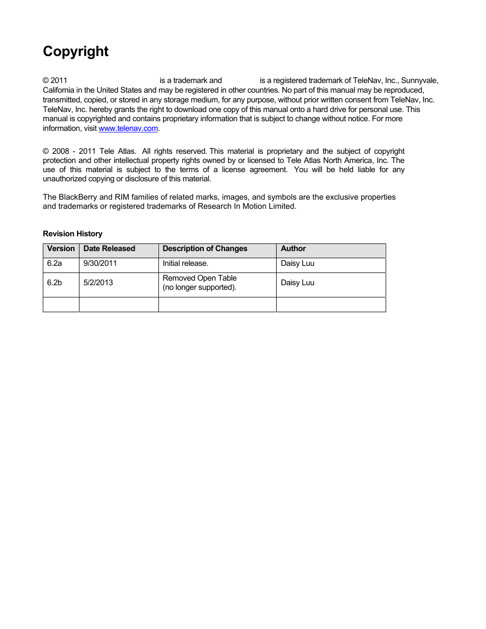 Copyright | Telenav for Sprint Supported Devices: v6.2 for BlackBerry devices User Manual | Page 2 / 70