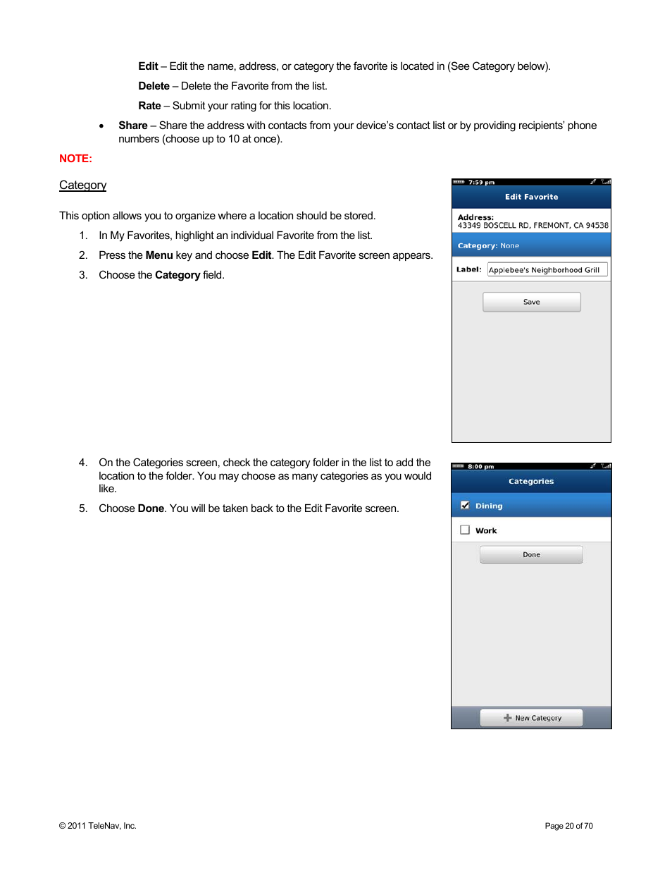 Category | Telenav for Sprint Supported Devices: v6.2 for BlackBerry devices User Manual | Page 20 / 70