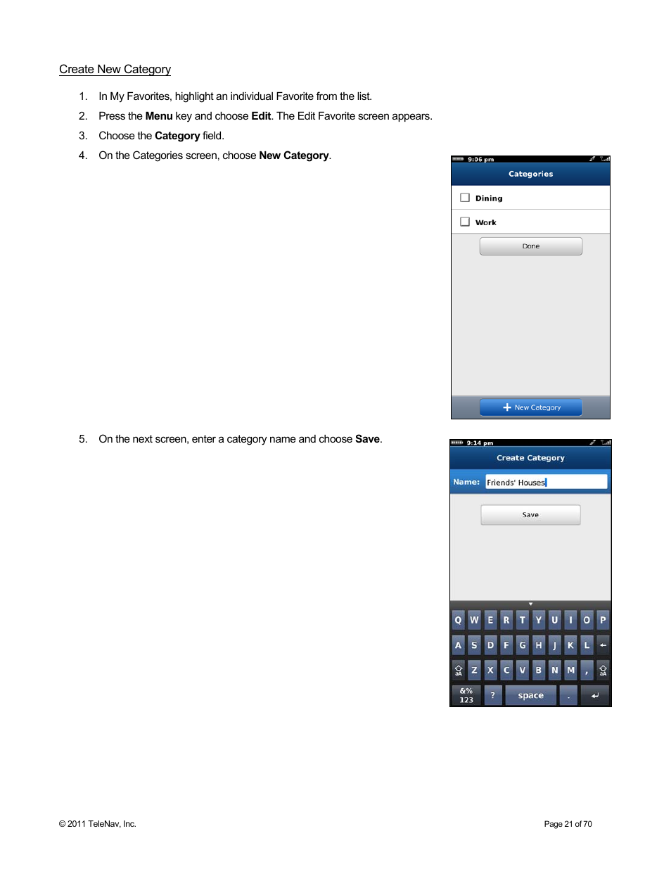 Create new category | Telenav for Sprint Supported Devices: v6.2 for BlackBerry devices User Manual | Page 21 / 70