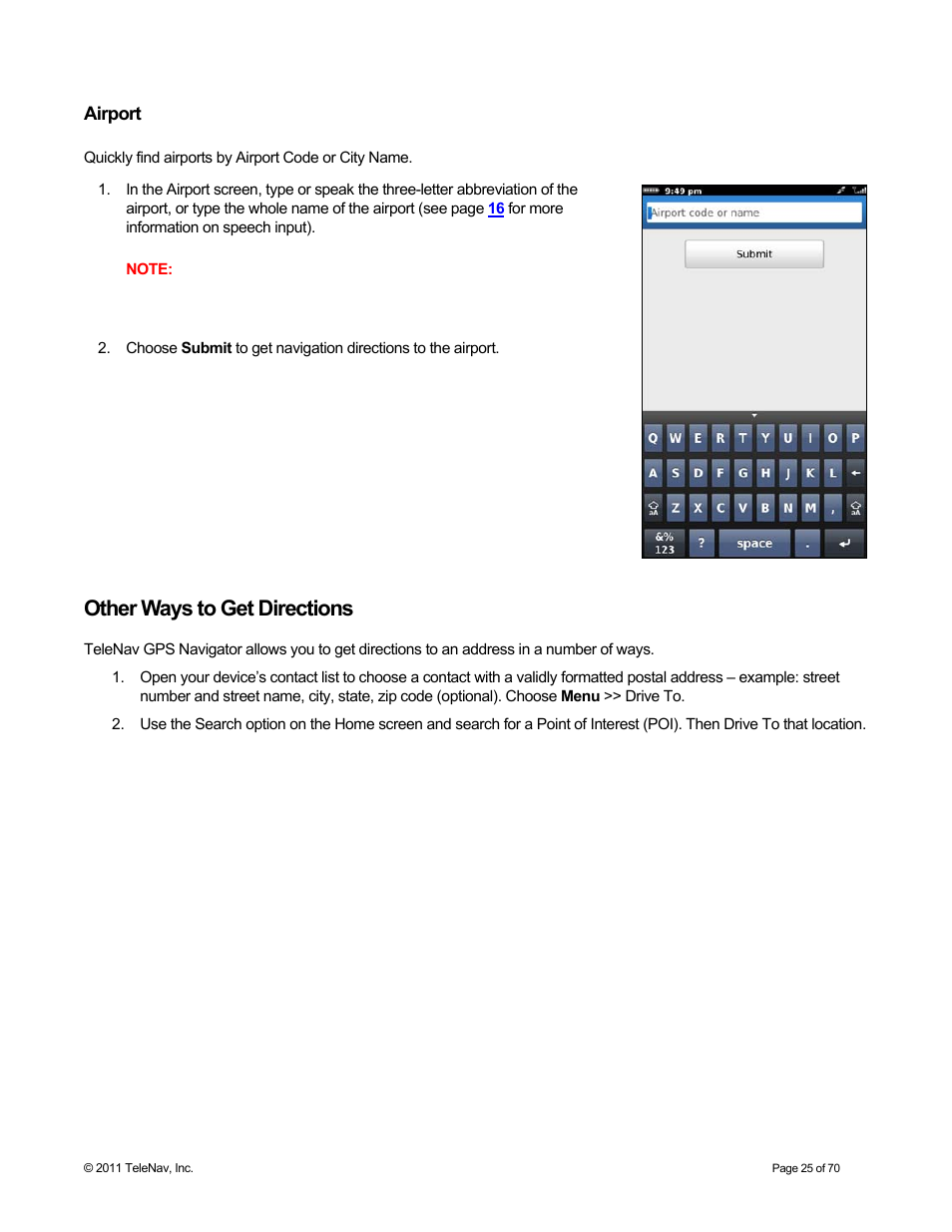 Airport, Other ways to get directions | Telenav for Sprint Supported Devices: v6.2 for BlackBerry devices User Manual | Page 25 / 70
