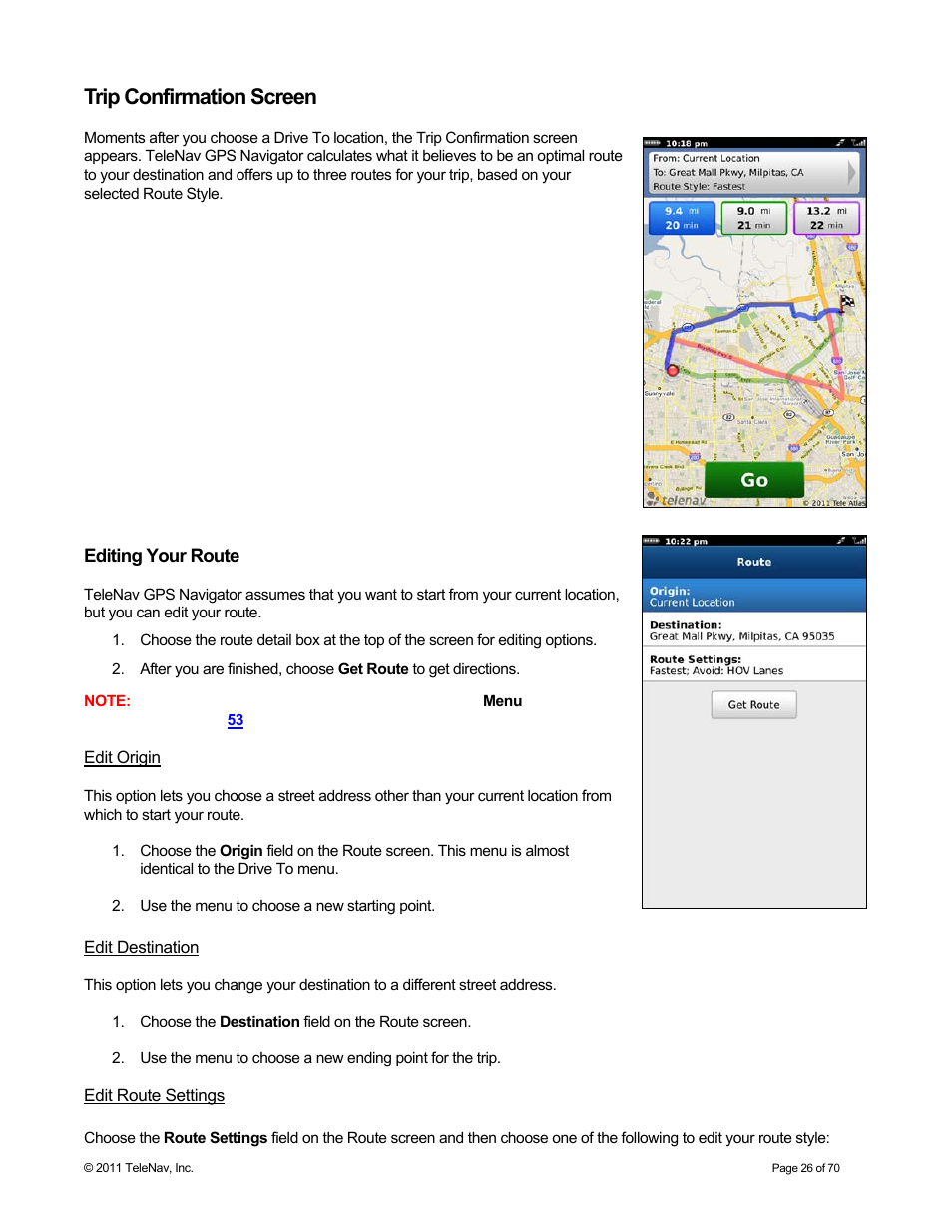 Trip confirmation screen, Editing your route, Edit origin | Edit destination, Edit route settings | Telenav for Sprint Supported Devices: v6.2 for BlackBerry devices User Manual | Page 26 / 70