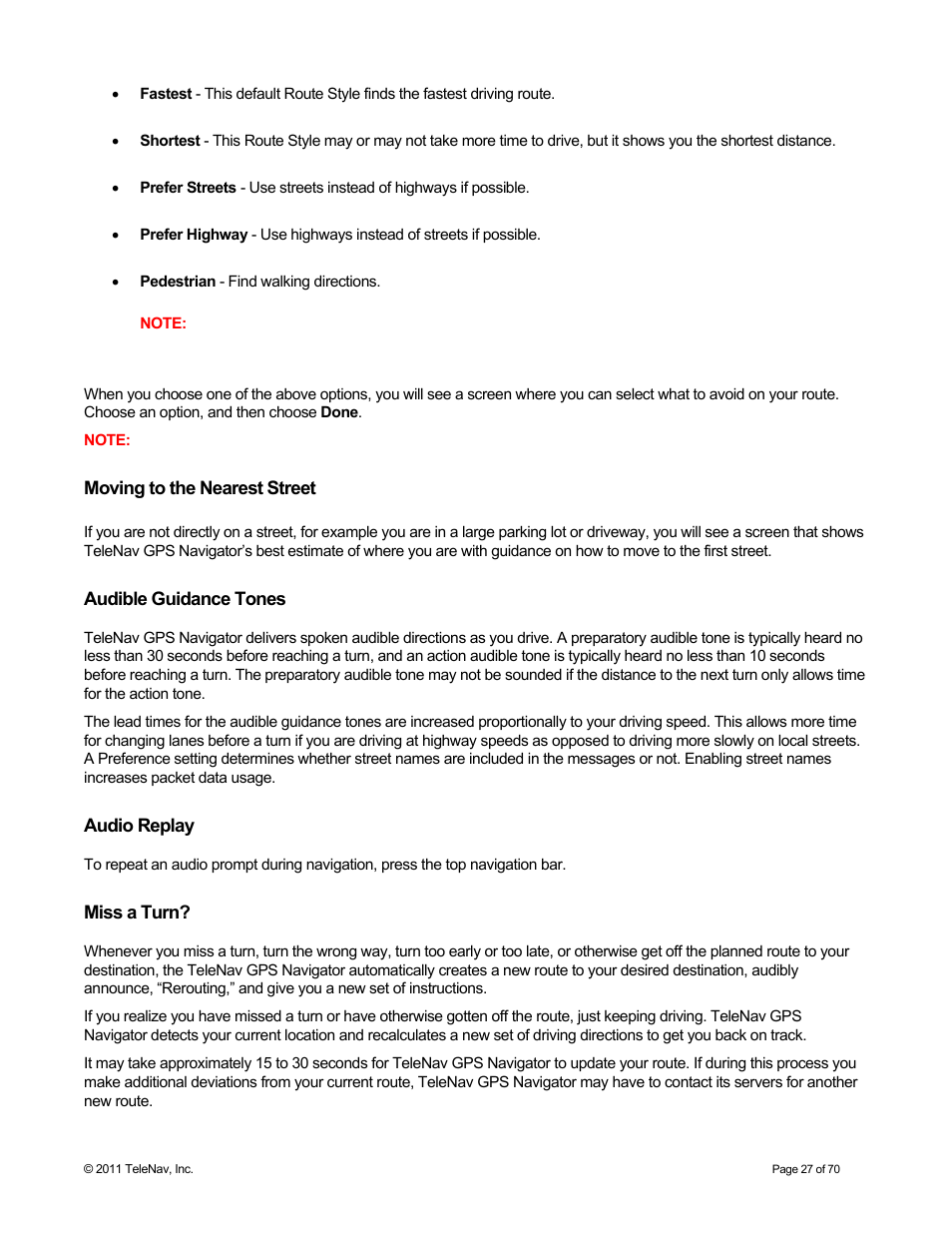 Moving to the nearest street, Audible guidance tones, Audio replay | Miss a turn | Telenav for Sprint Supported Devices: v6.2 for BlackBerry devices User Manual | Page 27 / 70