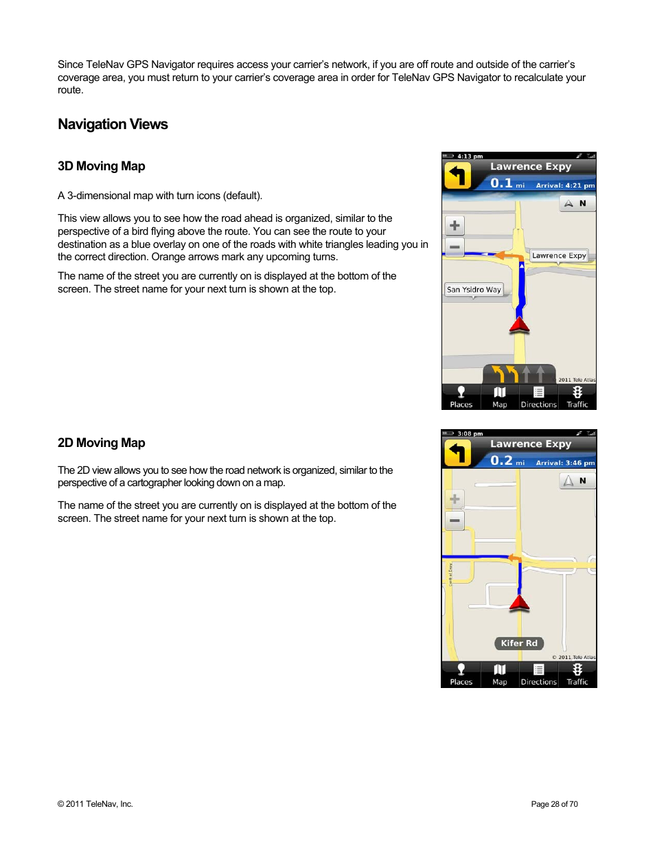 Navigation views, 3d moving map, 2d moving map | Telenav for Sprint Supported Devices: v6.2 for BlackBerry devices User Manual | Page 28 / 70
