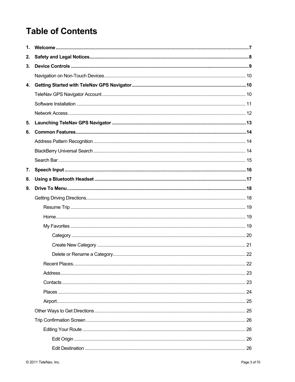 Telenav for Sprint Supported Devices: v6.2 for BlackBerry devices User Manual | Page 3 / 70