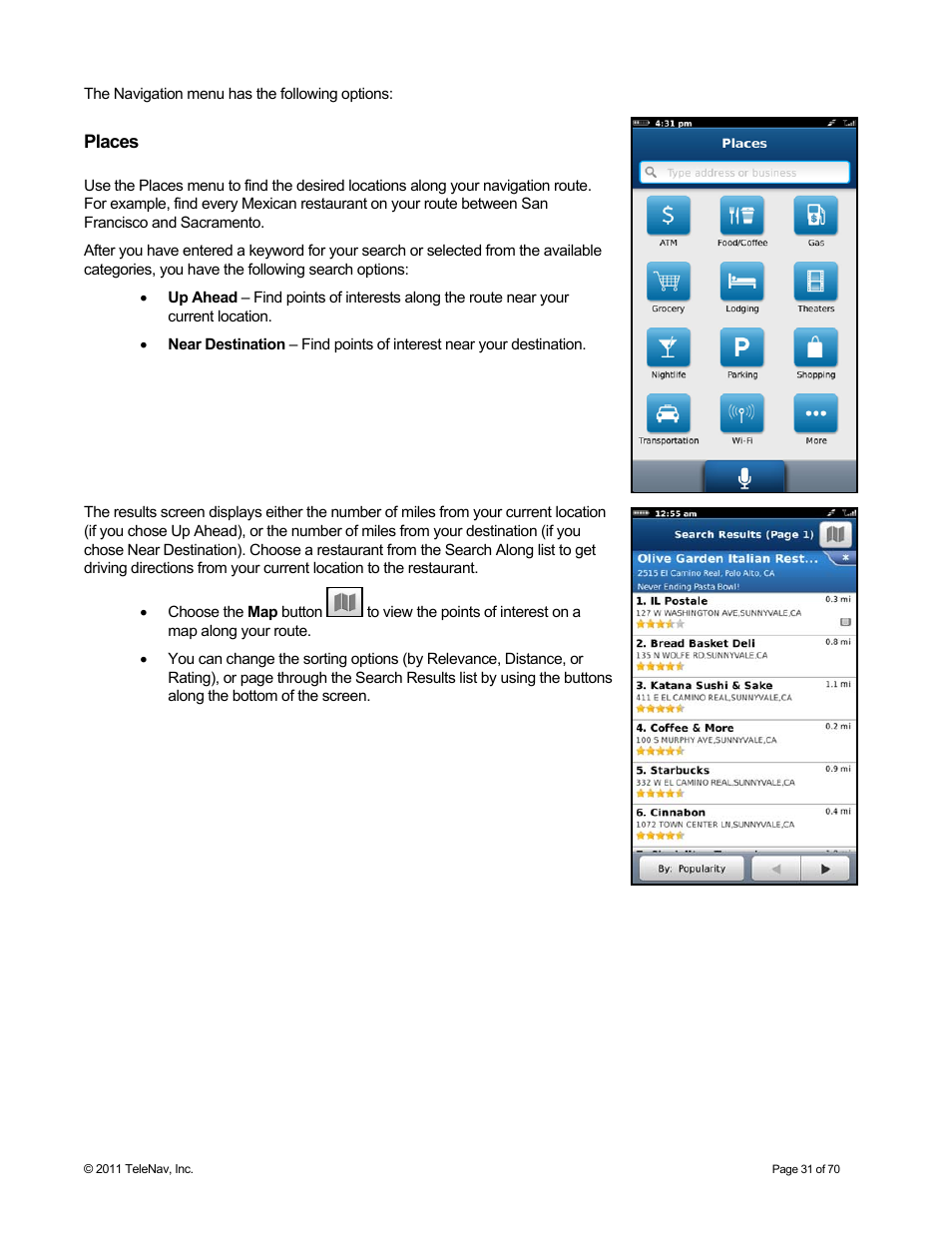 Places | Telenav for Sprint Supported Devices: v6.2 for BlackBerry devices User Manual | Page 31 / 70