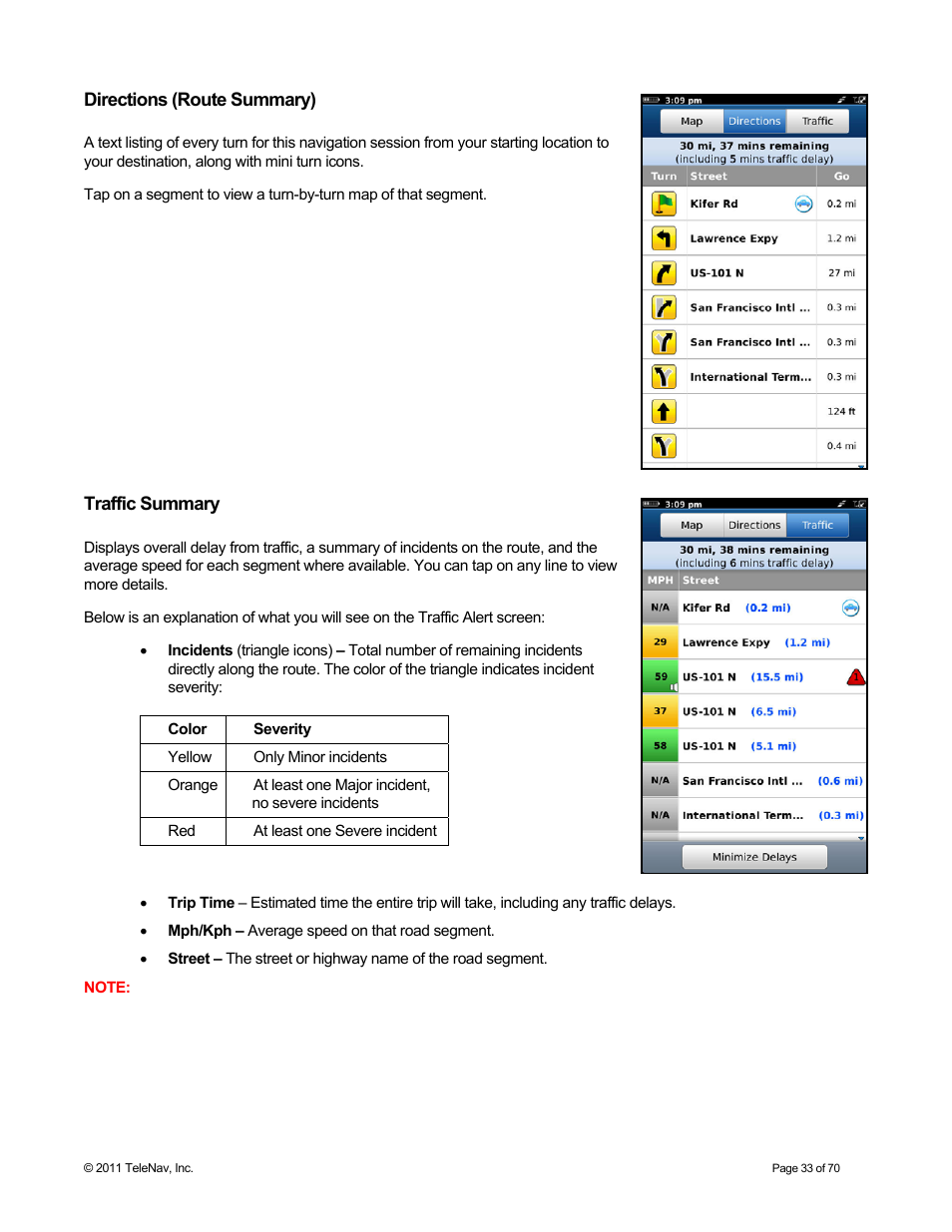 Directions (route summary), Traffic summary | Telenav for Sprint Supported Devices: v6.2 for BlackBerry devices User Manual | Page 33 / 70