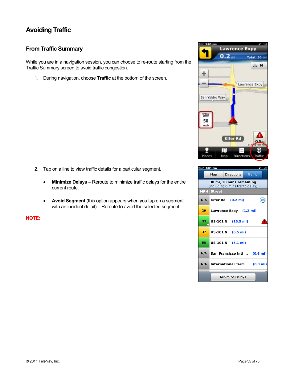 Avoiding traffic, From traffic summary | Telenav for Sprint Supported Devices: v6.2 for BlackBerry devices User Manual | Page 35 / 70