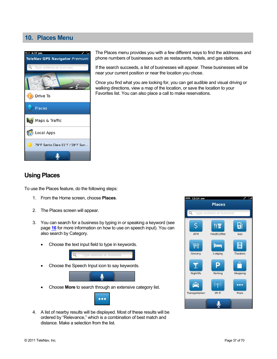 Places menu, Using places | Telenav for Sprint Supported Devices: v6.2 for BlackBerry devices User Manual | Page 37 / 70