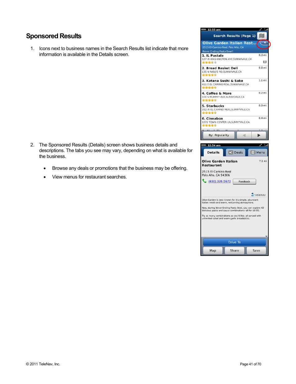 Sponsored results | Telenav for Sprint Supported Devices: v6.2 for BlackBerry devices User Manual | Page 41 / 70