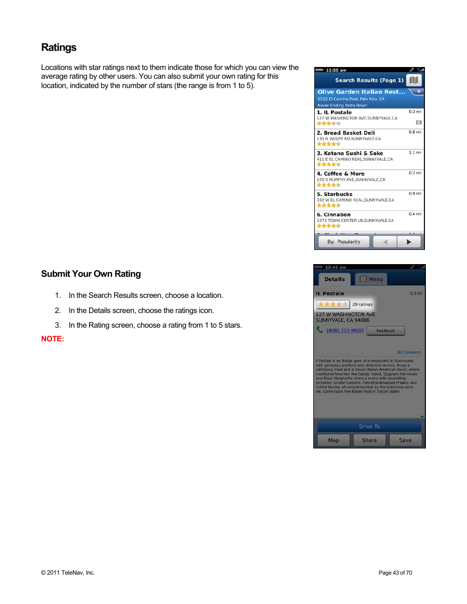 Ratings, Submit your own rating | Telenav for Sprint Supported Devices: v6.2 for BlackBerry devices User Manual | Page 43 / 70