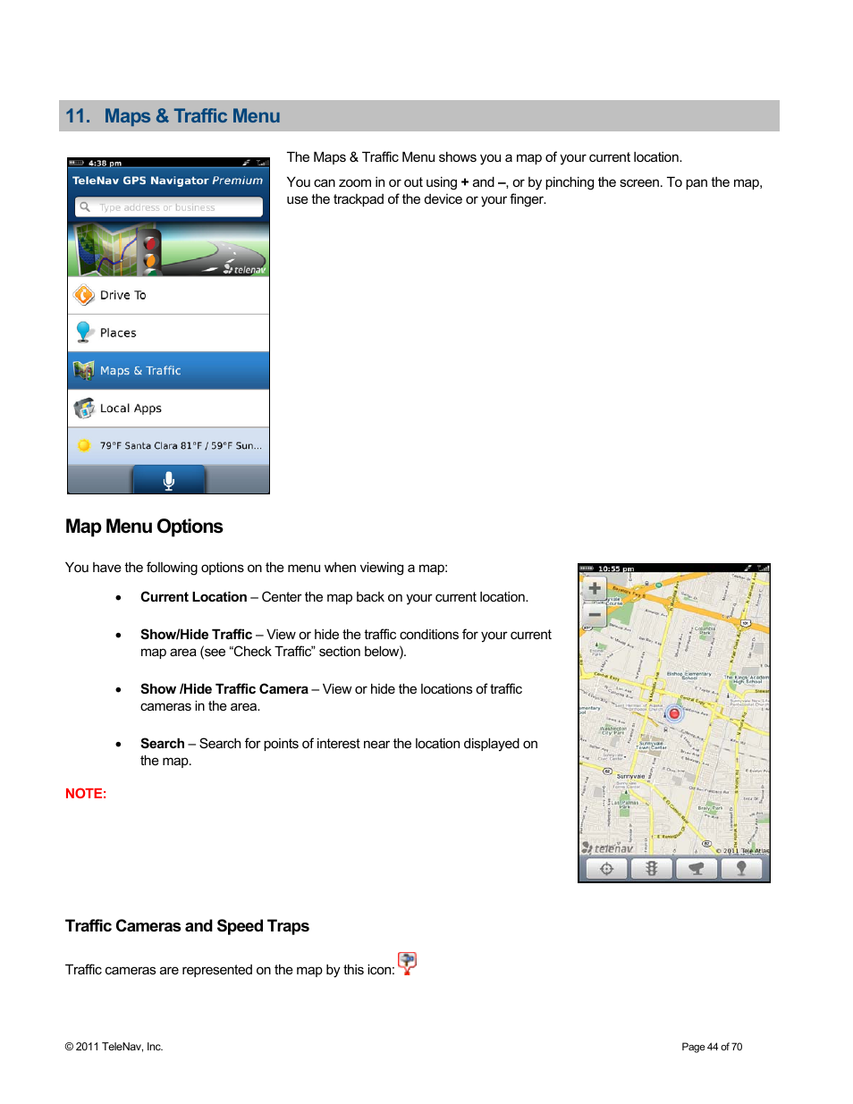 Maps & traffic menu, Map menu options, Traffic cameras and speed traps | Telenav for Sprint Supported Devices: v6.2 for BlackBerry devices User Manual | Page 44 / 70