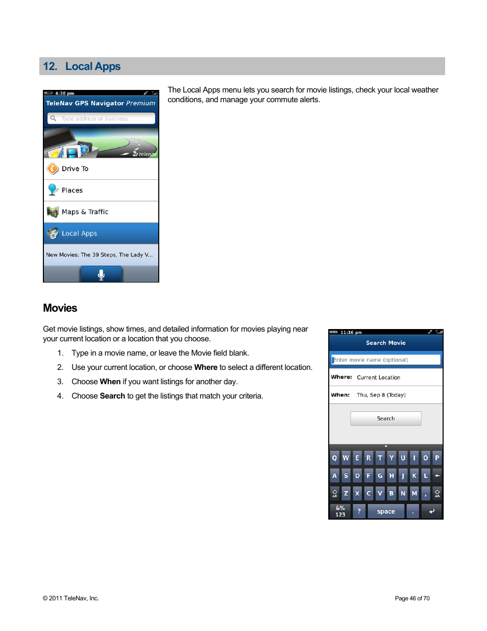 Local apps, Movies | Telenav for Sprint Supported Devices: v6.2 for BlackBerry devices User Manual | Page 46 / 70