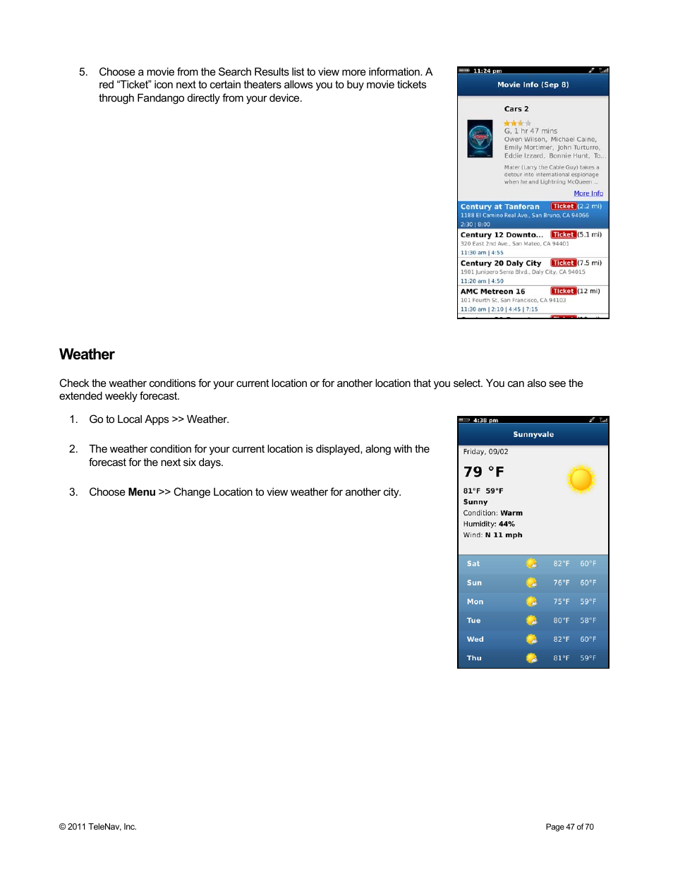 Weather | Telenav for Sprint Supported Devices: v6.2 for BlackBerry devices User Manual | Page 47 / 70