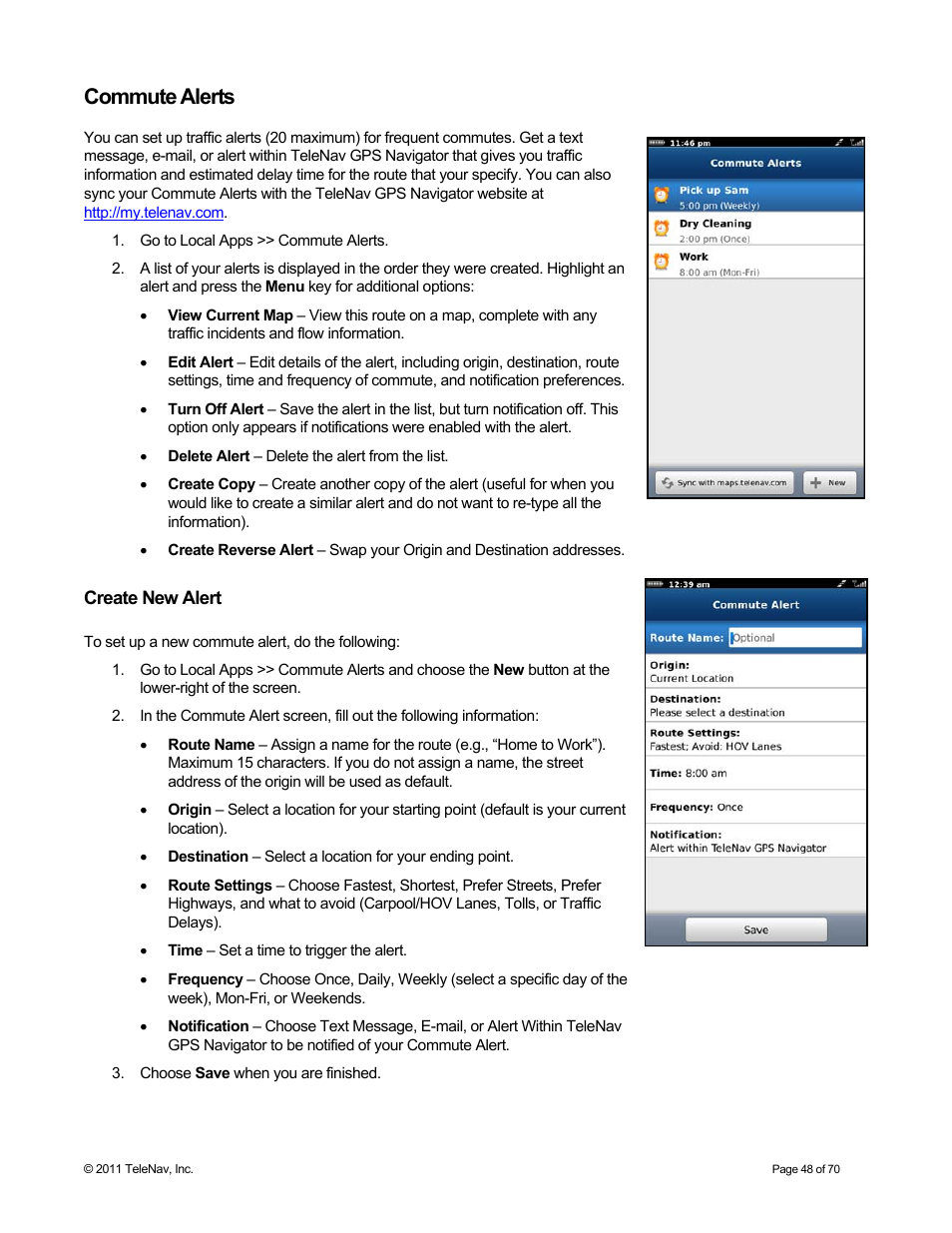 Commute alerts, Create new alert | Telenav for Sprint Supported Devices: v6.2 for BlackBerry devices User Manual | Page 48 / 70