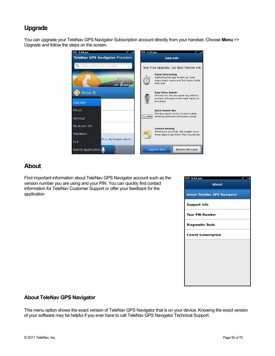 Upgrade, About, About telenav gps navigator | Telenav for Sprint Supported Devices: v6.2 for BlackBerry devices User Manual | Page 50 / 70