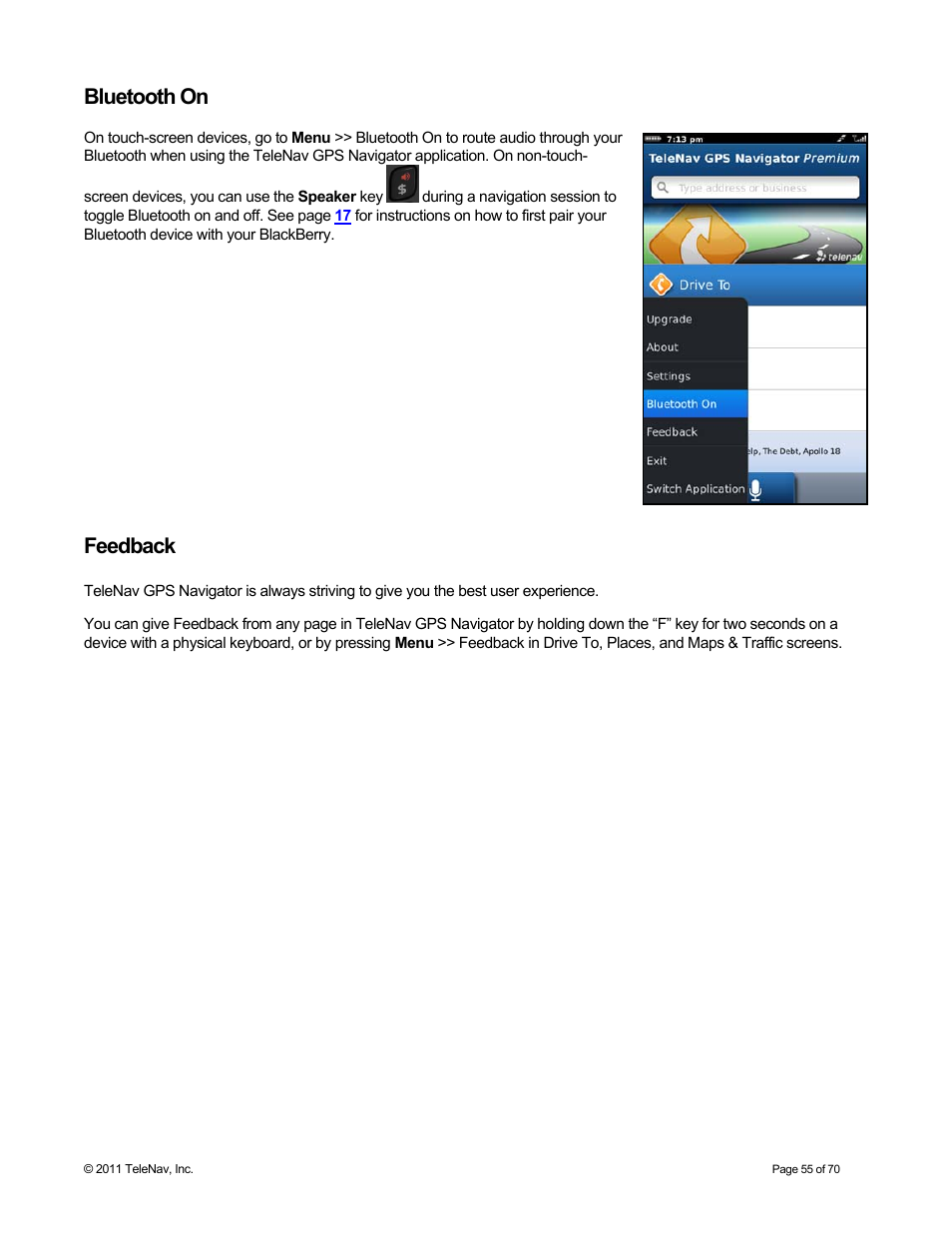 Bluetooth on, Feedback | Telenav for Sprint Supported Devices: v6.2 for BlackBerry devices User Manual | Page 55 / 70