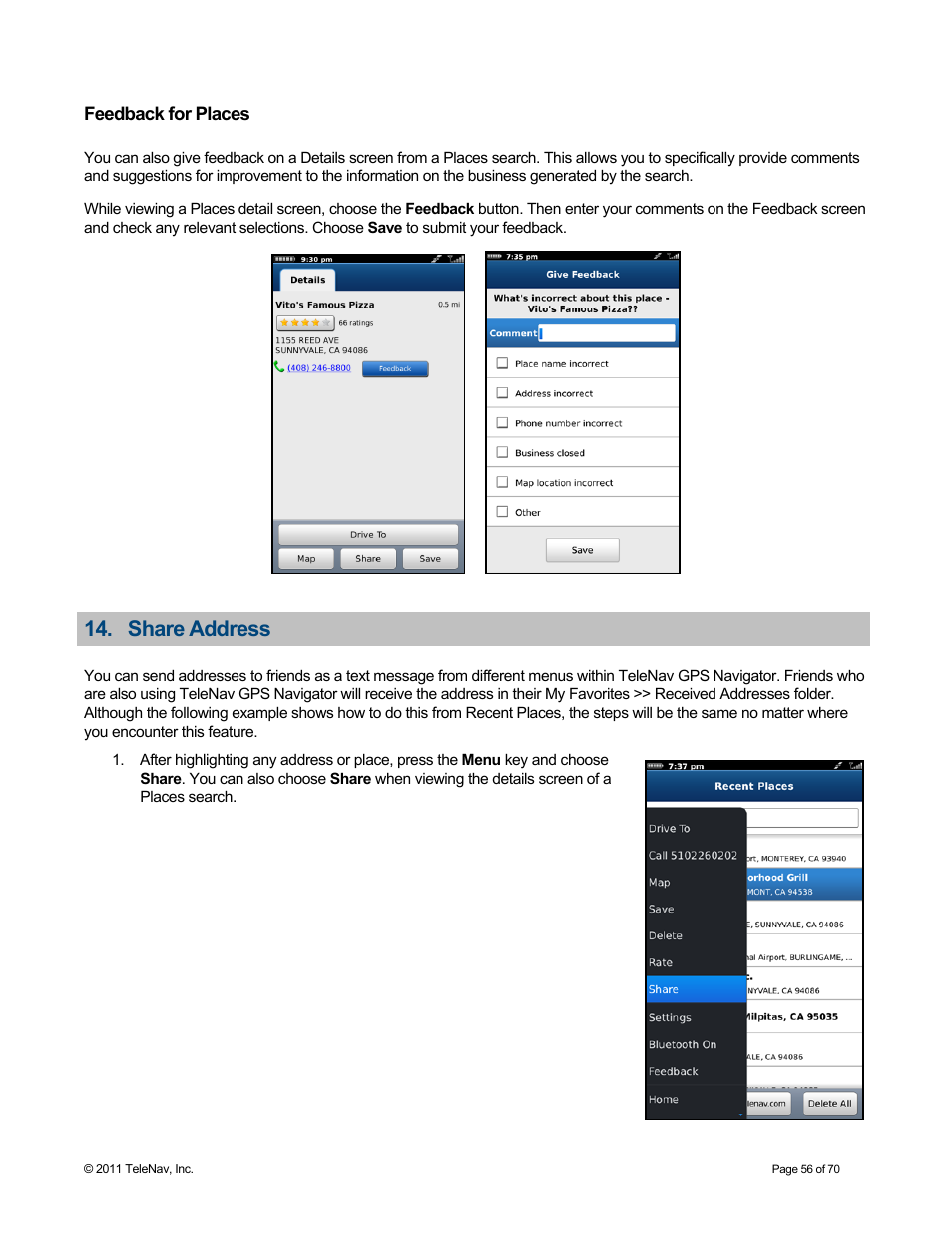 Feedback for places, Share address | Telenav for Sprint Supported Devices: v6.2 for BlackBerry devices User Manual | Page 56 / 70