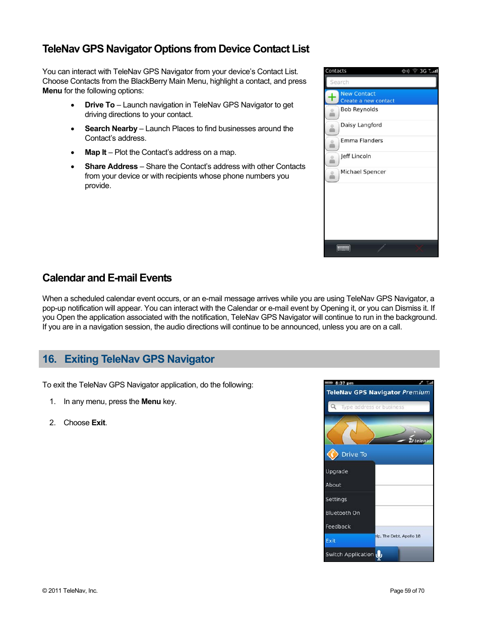 Calendar and e-mail events, Exiting telenav gps navigator | Telenav for Sprint Supported Devices: v6.2 for BlackBerry devices User Manual | Page 59 / 70