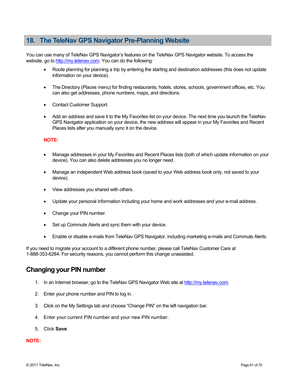 The telenav gps navigator pre-planning website, Changing your pin number | Telenav for Sprint Supported Devices: v6.2 for BlackBerry devices User Manual | Page 61 / 70