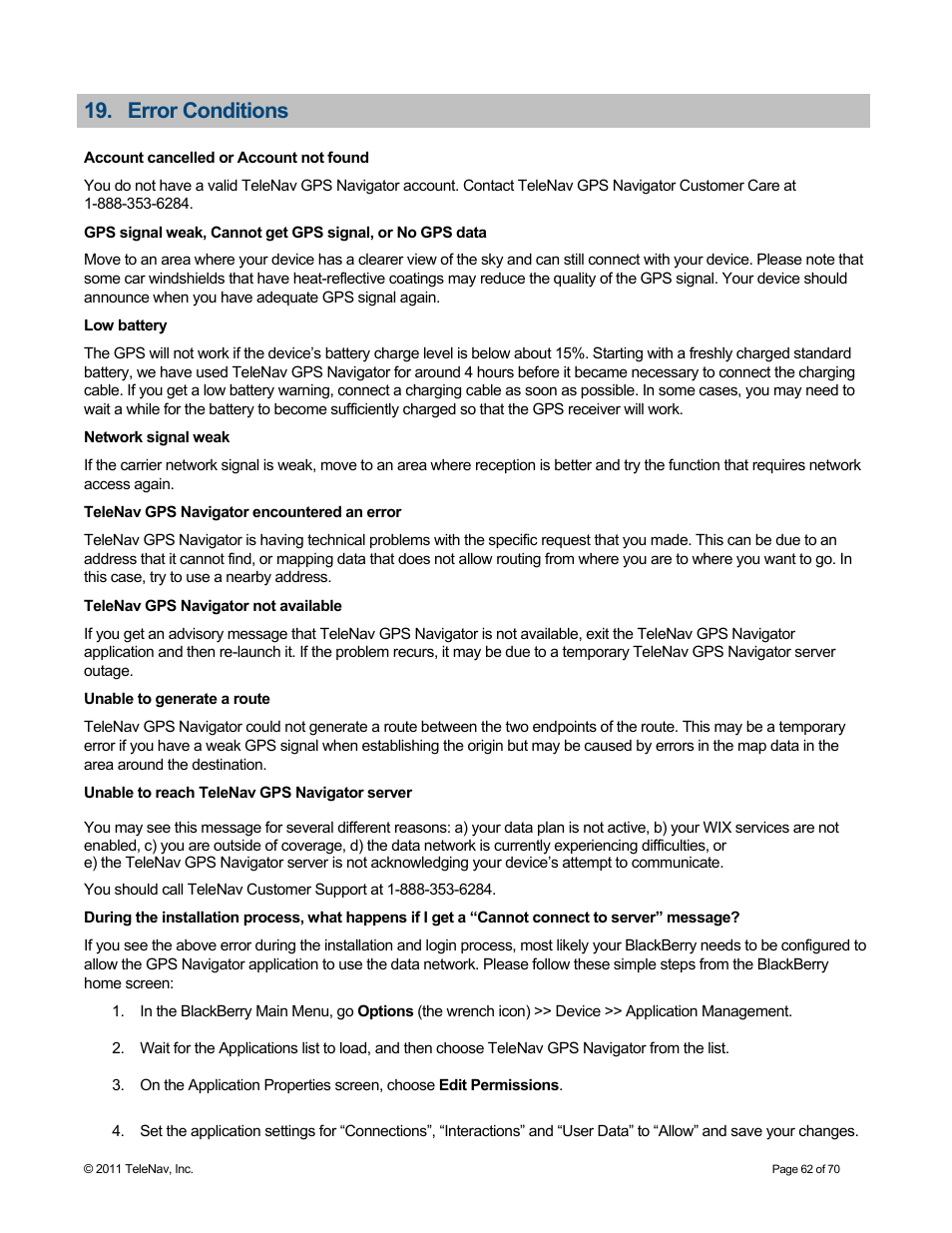 Error conditions | Telenav for Sprint Supported Devices: v6.2 for BlackBerry devices User Manual | Page 62 / 70