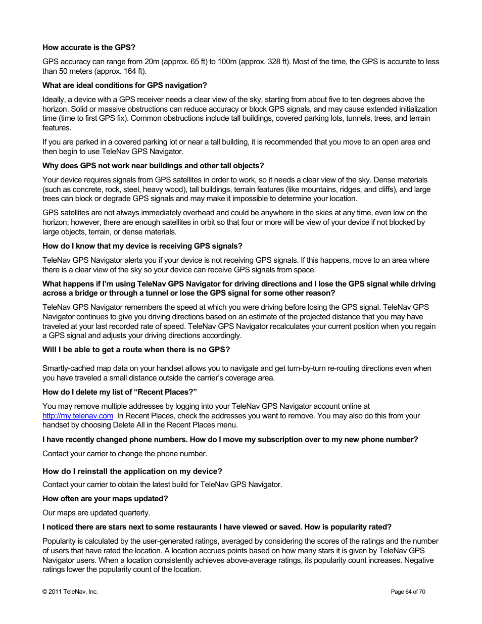 Telenav for Sprint Supported Devices: v6.2 for BlackBerry devices User Manual | Page 64 / 70