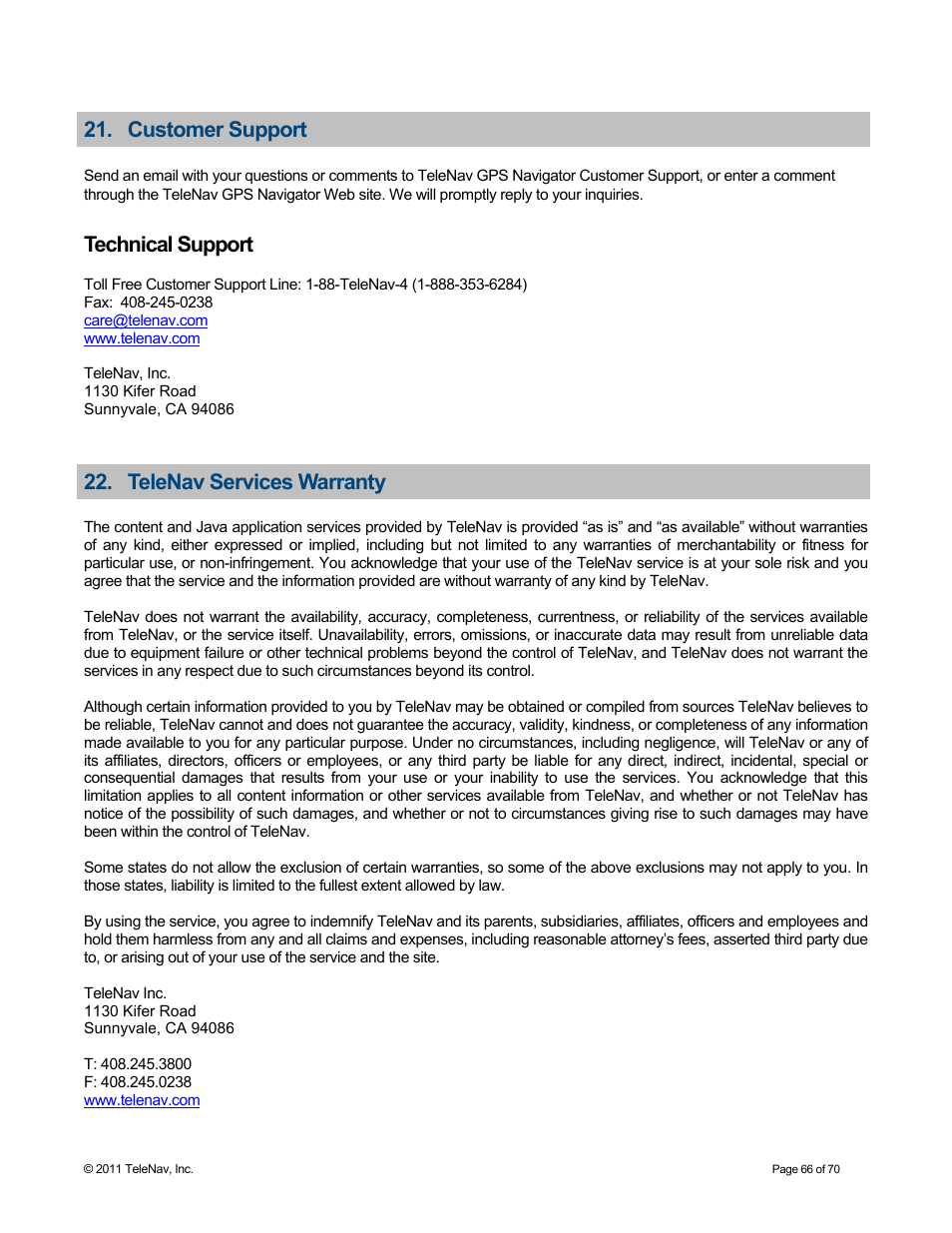 Customer support, Technical support, Telenav services warranty | Telenav for Sprint Supported Devices: v6.2 for BlackBerry devices User Manual | Page 66 / 70