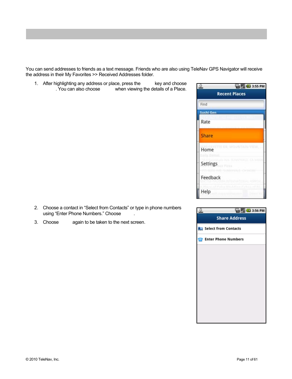Common features, Share address, Common features share address | Telenav for Sprint Supported Devices: v6.2 for Android devices User Manual | Page 11 / 61