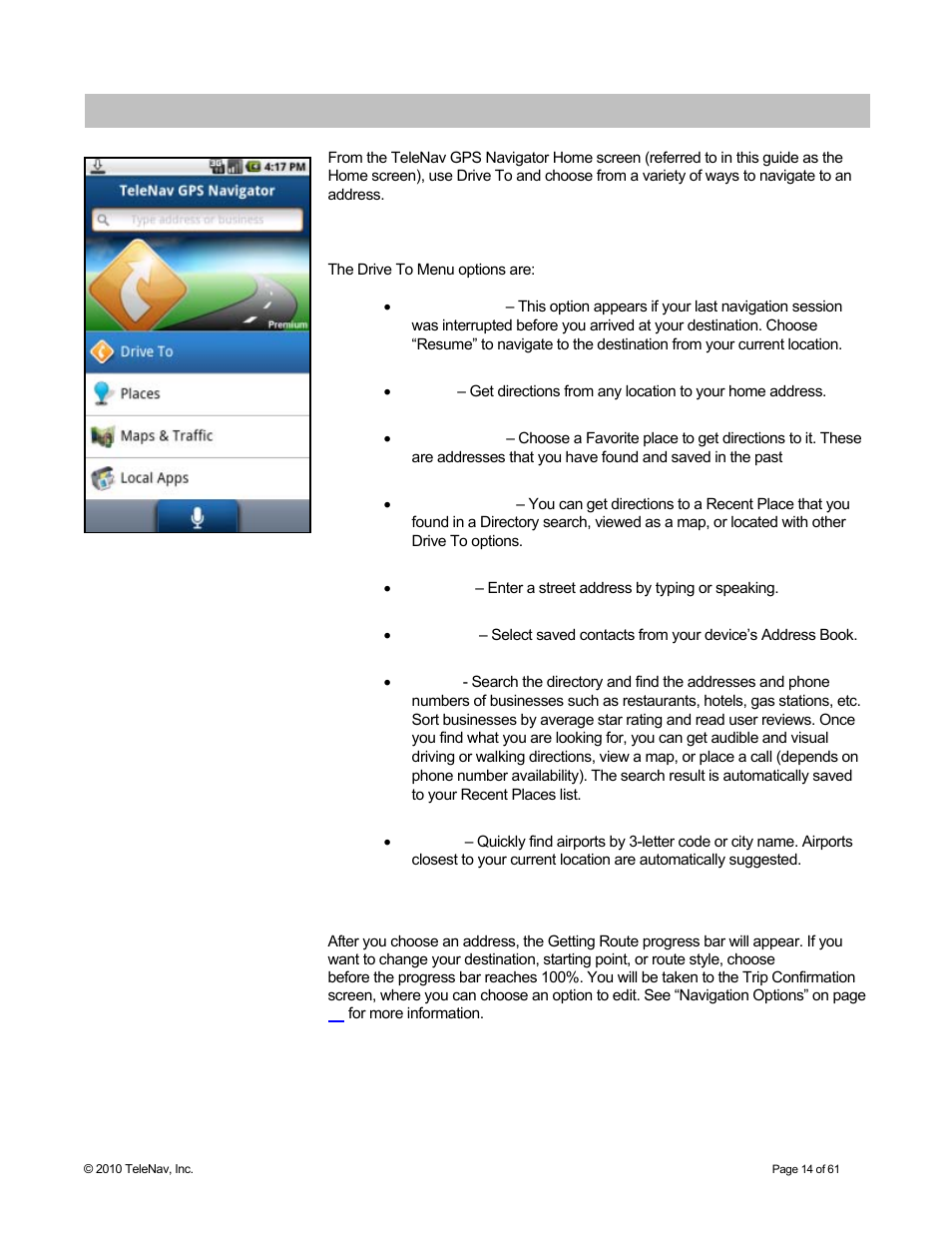 Drive to menu | Telenav for Sprint Supported Devices: v6.2 for Android devices User Manual | Page 14 / 61