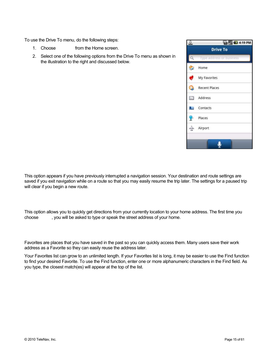 Getting driving directions, Resume trip, Home | My favorites | Telenav for Sprint Supported Devices: v6.2 for Android devices User Manual | Page 15 / 61