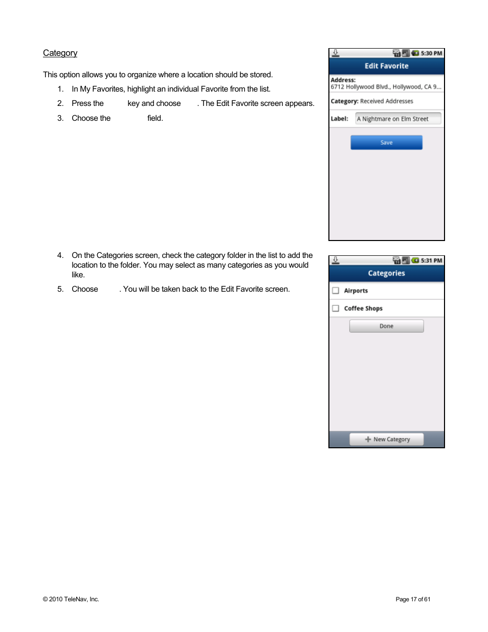 Category | Telenav for Sprint Supported Devices: v6.2 for Android devices User Manual | Page 17 / 61