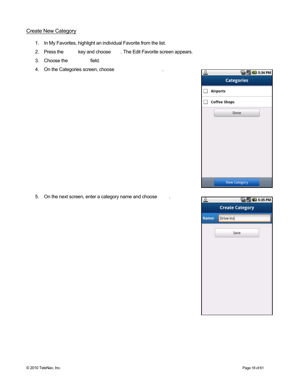 Create new category | Telenav for Sprint Supported Devices: v6.2 for Android devices User Manual | Page 18 / 61