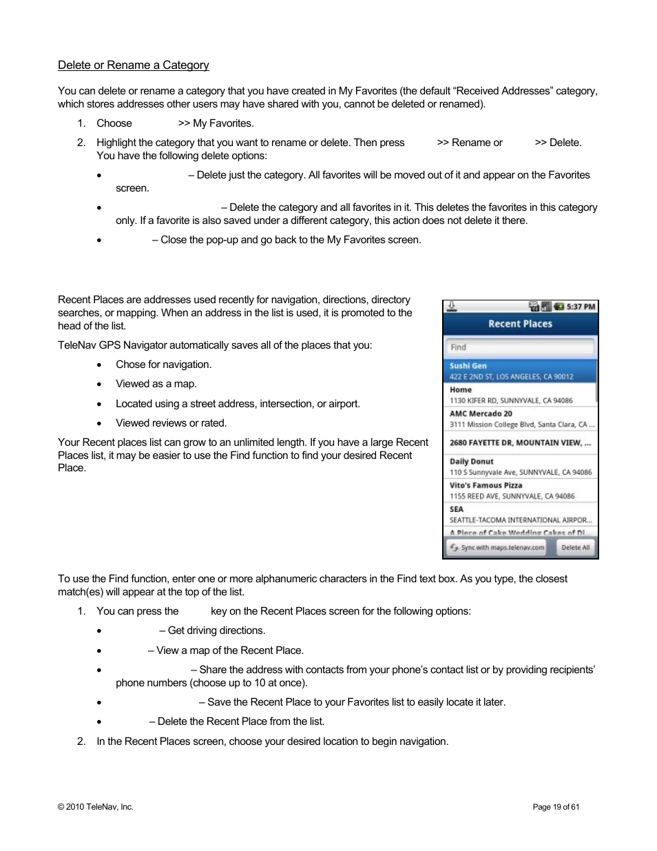 Delete or rename a category, Recent places | Telenav for Sprint Supported Devices: v6.2 for Android devices User Manual | Page 19 / 61