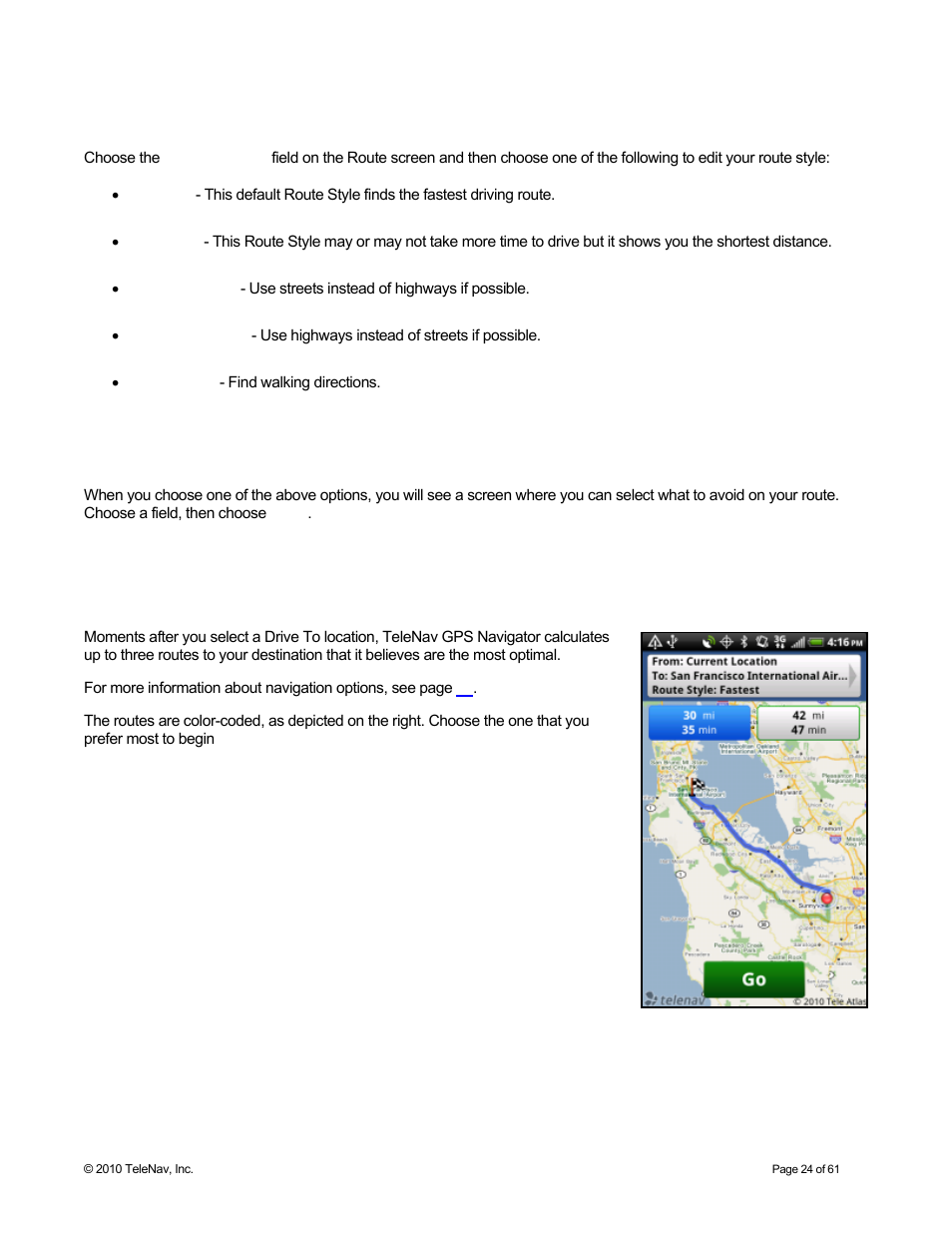 Edit route settings, Driving to your destination | Telenav for Sprint Supported Devices: v6.2 for Android devices User Manual | Page 24 / 61