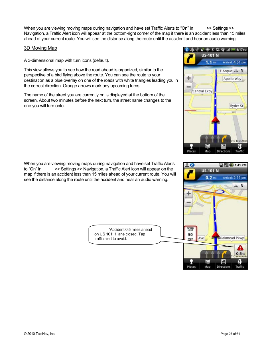 3d moving map | Telenav for Sprint Supported Devices: v6.2 for Android devices User Manual | Page 27 / 61