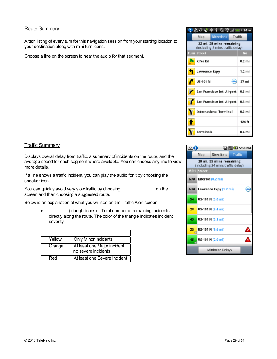 Route summary, Traffic summary | Telenav for Sprint Supported Devices: v6.2 for Android devices User Manual | Page 29 / 61